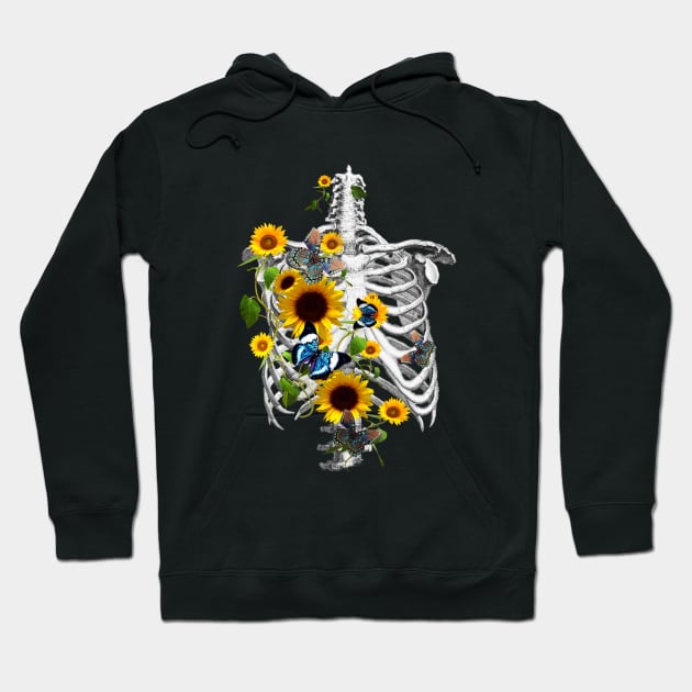 Botanical human skeleton art, Rib cage and flowers, sunflowers and butterflies ribcage Hoodie by Collagedream